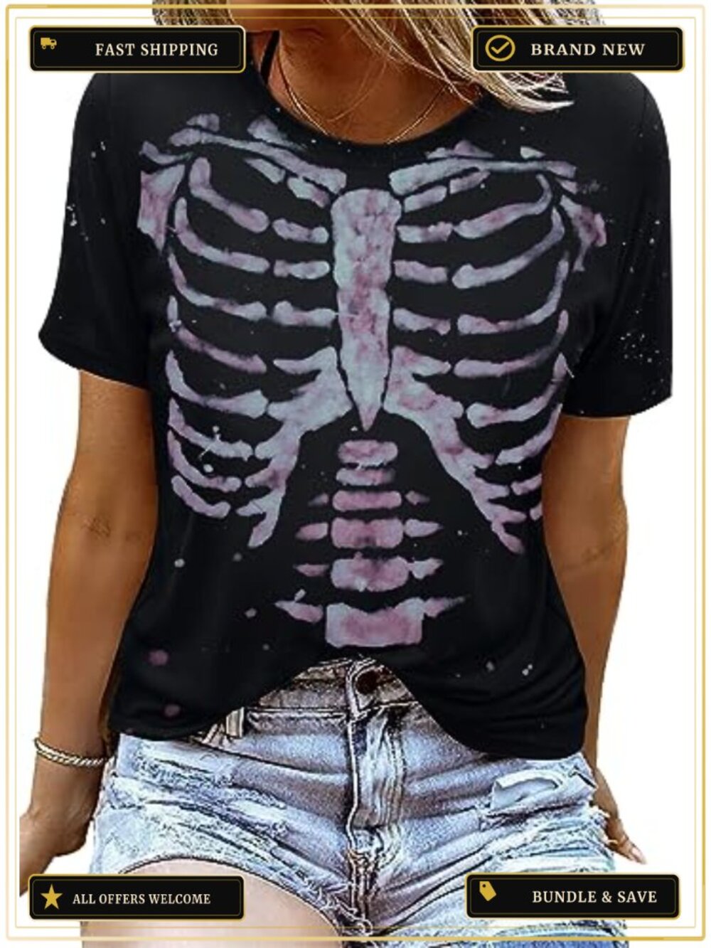 Women Halloween Skeleton Graphic Tee Short Sleeve Skull Print Top